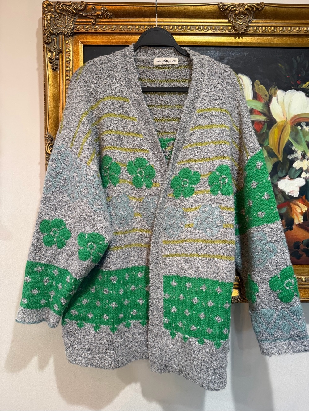NATURAL LIFE Grey and Green Floral Knit Cardigan